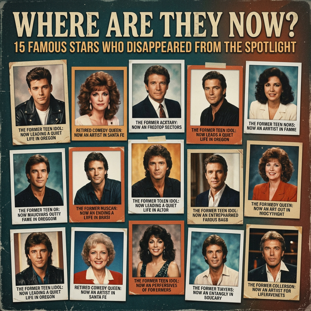 Poster reading "WHERE ARE THEY NOW? 15 FAMOUS STARS WHO DISAPPEARED FROM THE SPOTLIGHT" above 15 celebrity portraits with captions.