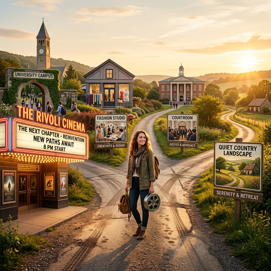 Woman at crossroads beside signs reading University Campus, The Rivoli Cinema, Fashion Studio, Courtroom, and Quiet Country Landscape.